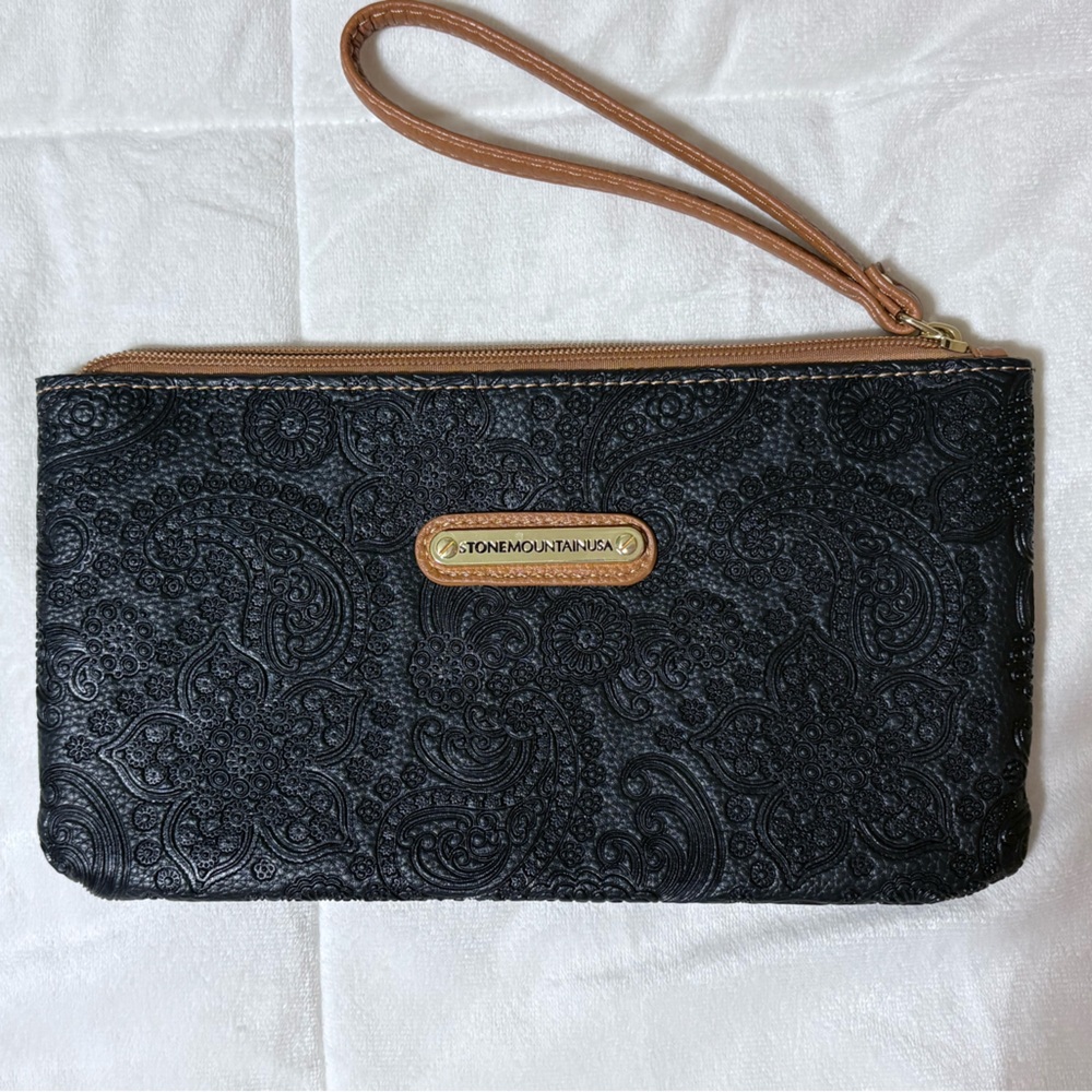 Black and Brown Leather Clutch with Textured Finish